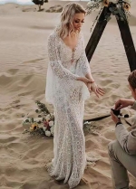 Unique Lace Wedding Dresses Flare Sleeve Bridal Gowns V-Neck