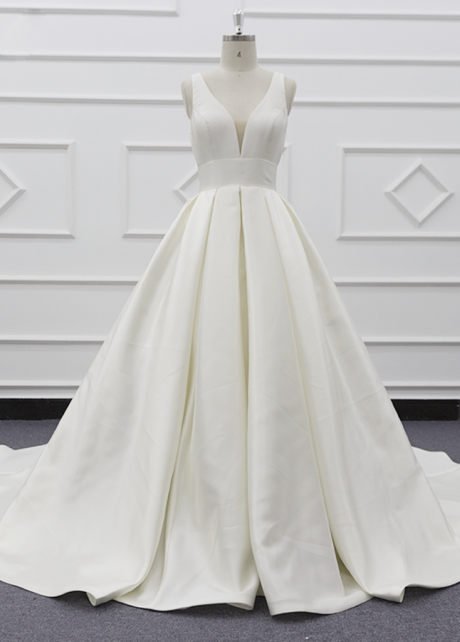 V-neck Chic Satin Wedding Gown with Chapel Train