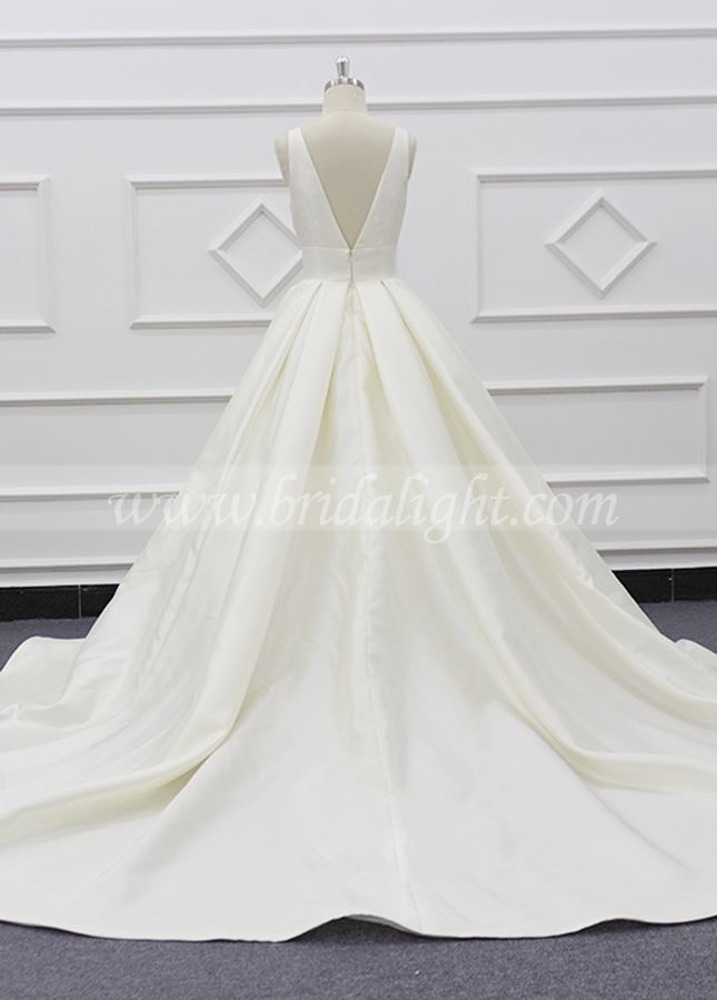 V-neck Chic Satin Wedding Gown with Chapel Train