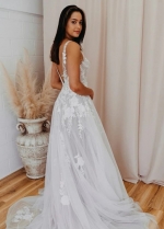 V-neck Tulle Wedding Gown with Floral Appliqued Bodice