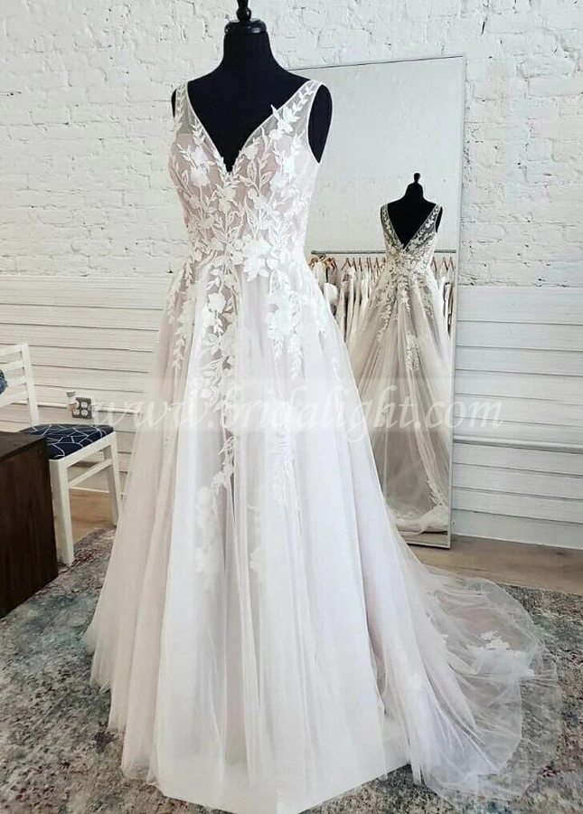 V-neck Tulle Wedding Gown with Floral Appliqued Bodice