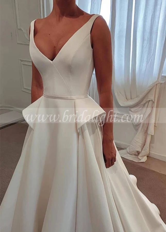 V-neckline A-line Satin Wedding Gown with Pleats