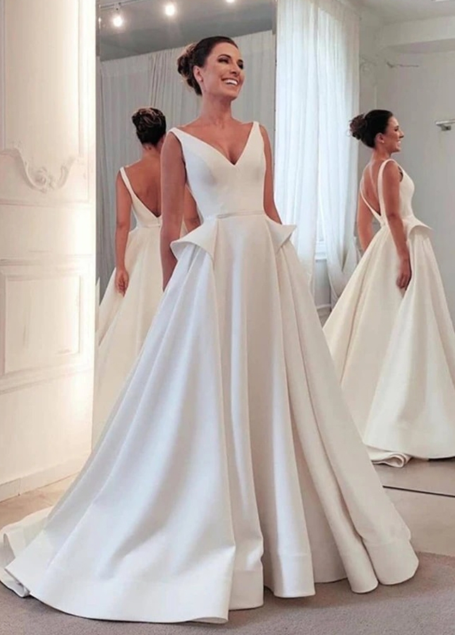 V-neckline A-line Satin Wedding Gown with Pleats