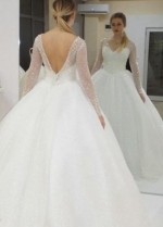 V-neck Sequin Ball Gown Wedding Dress with Beaded Sheer Long Sleeves