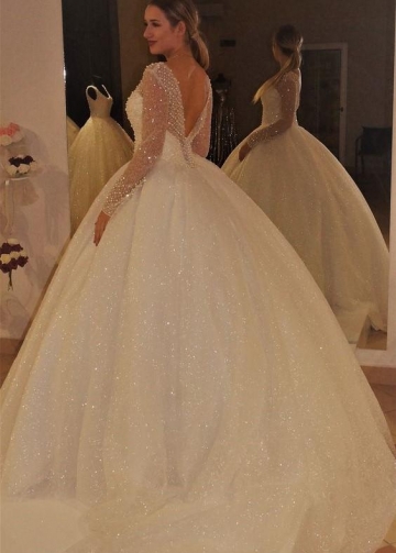V-neck Sequin Ball Gown Wedding Dress with Beaded Sheer Long Sleeves
