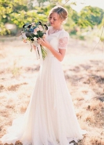 V-neck Lace Chiffon Boho Wedding Dress Short Sleeves