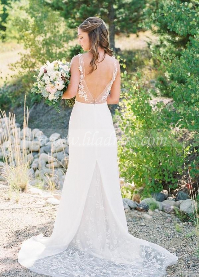 V-neck Summer Beach Wedding Gown with Lace Train