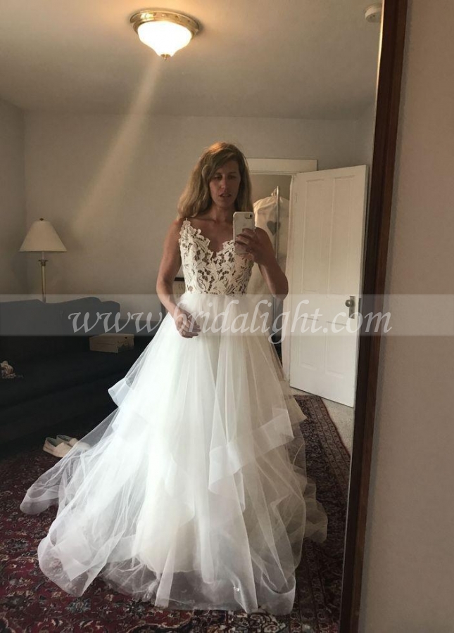 V-neckline Lace Horsehair Hem Wedding Gown Dress 2022