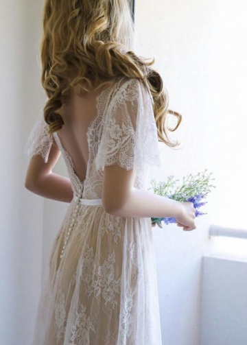 V-neckline Short Sleeves Lace Wedding Dresses Boho Style