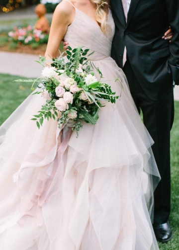 V-neck Dusty Pink Ball Gown Rustic Wedding Dress with Ruffles Skirt