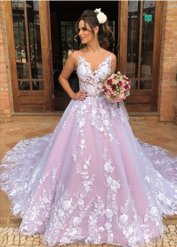 V-neckline Lace Floral Wedding Gown with Contrast Color Skirt