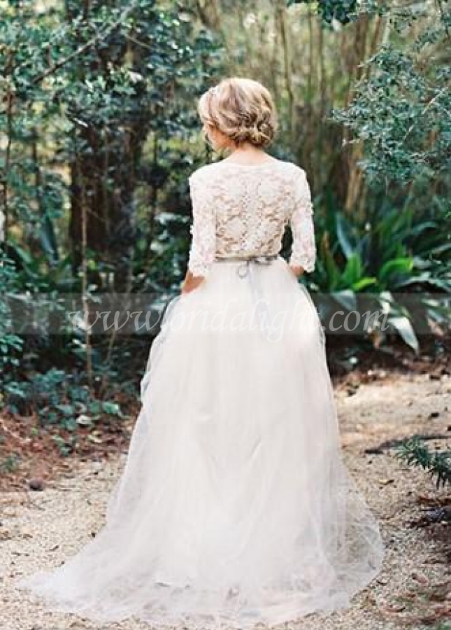 V-neckline Garden Bridal Wedding Dress with Lace Sleeves