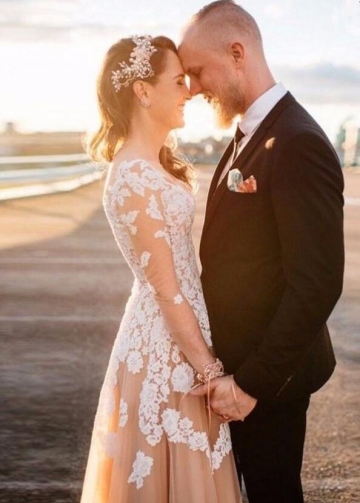 V-neckline Lace Champagne Wedding Gown with Illusion Long Sleeves