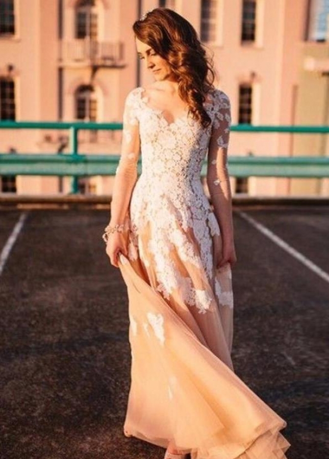 V-neckline Lace Champagne Wedding Gown with Illusion Long Sleeves