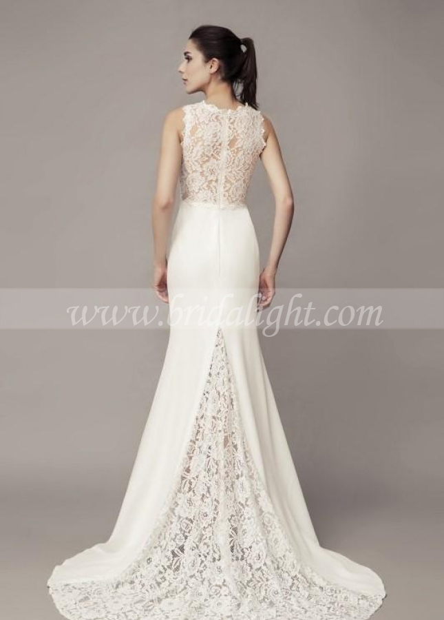 V-neckline Sheath Wedding Dress with Lace Splice Satin Skirt