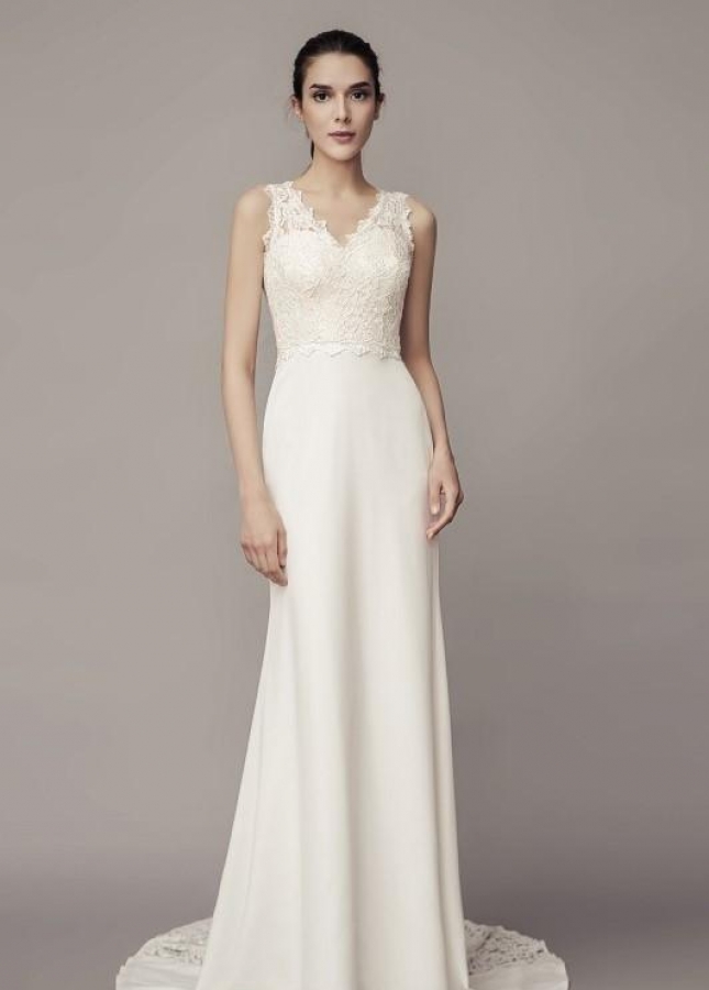 V-neckline Sheath Wedding Dress with Lace Splice Satin Skirt