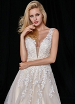 V-neckline Ivory Floral Lace Wedding Dress with Beaded Belt