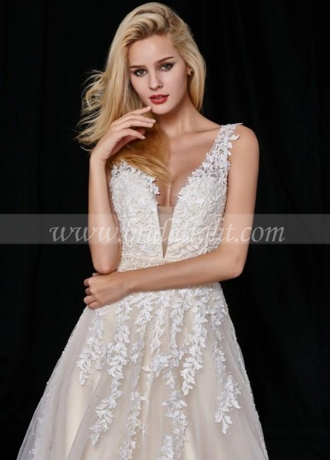 V-neckline Ivory Floral Lace Wedding Dress with Beaded Belt