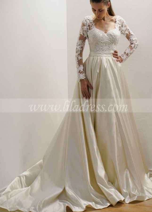 Vintage-inspired Satin Bride Wedding Gown with Lace Long Sleeves