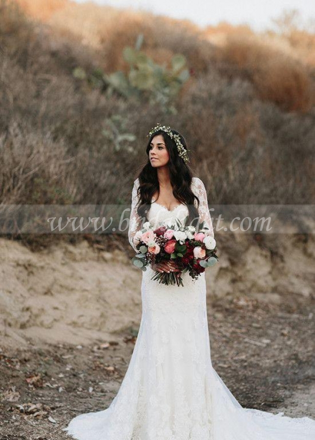 Vintage-inspired Lace Long Sleeves Wedding Dresses with V-neckline