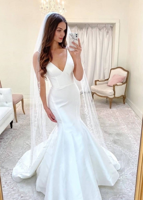 V-neckline Satin Mermaid Dress for Bride 2022 vestido de novia
