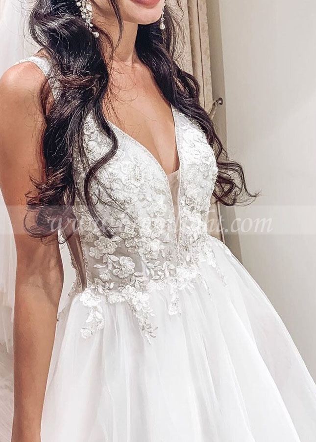 V-Neck Tulle Wedding Dresses Beads Lace A Line Bridal Gowns Boho