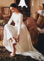 Vintage Satin A-Line Wedding Dresses Bateau Neckline Long Sleeves Bridal Gown