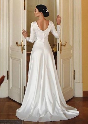 Vintage Satin A-Line Wedding Dresses Bateau Neckline Long Sleeves Bridal Gown