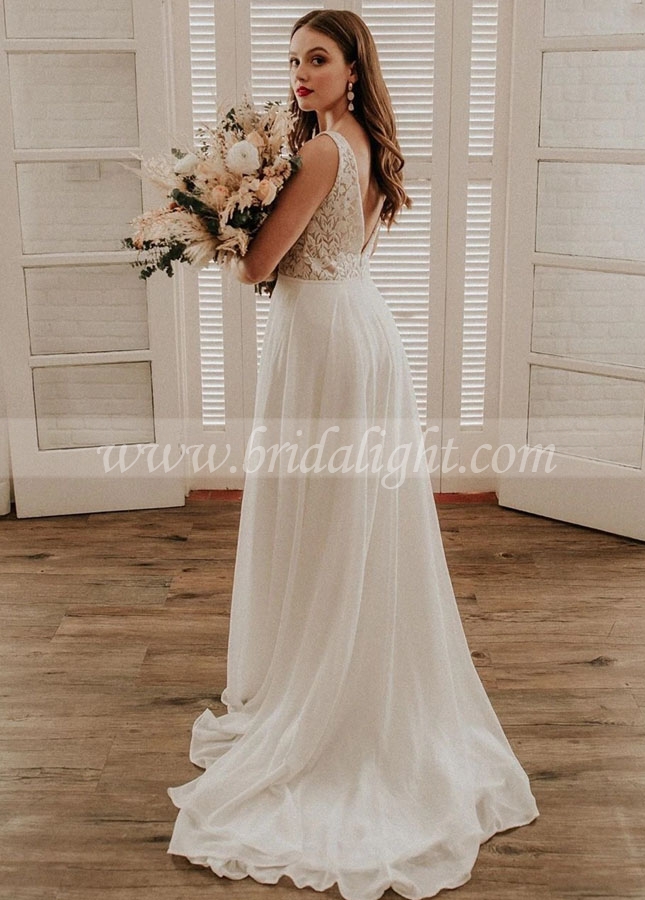 V-neck Top Lace Chiffon Simple Wedding Dresses