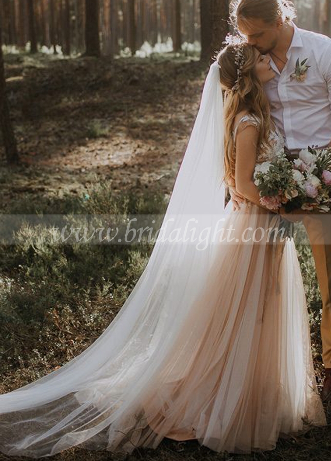 V-Neck Champagne Tulle Wedding Dresses A Line Lace Fairy Boho Bridal Gowns Sweep Train