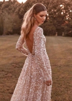 V Back Bling Bling Bohemian Wedding Dresses Illusion Sexy Luxury A Line Long Sleeves Noivas Bridal Gown