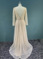 V Back Bling Bling Bohemian Wedding Dresses Illusion Sexy Luxury A Line Long Sleeves Noivas Bridal Gown