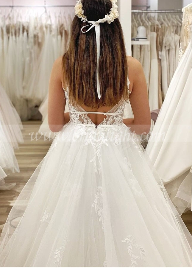 V Neck Back Lace Appliques Tulle Wedding Dress A Line Bridal Gown