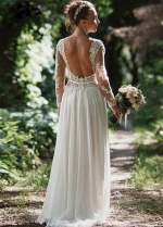 Illusion Neckline Vintage Long Sleeve Chiffon Beach Backless Bridal Dress