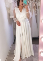 V-Neck Simple Wedding Dresses Bridal Gowns See Through Long Sleeves