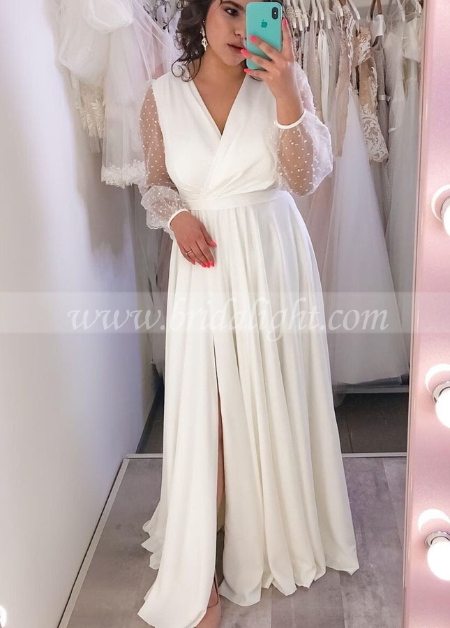 V-Neck Simple Wedding Dresses Bridal Gowns See Through Long Sleeves