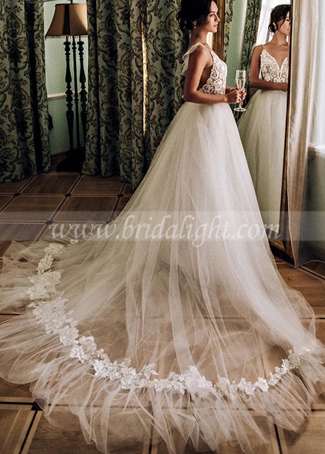 V-Neck Lace Beaded Wedding Dresses Dreamy Tulle Skirt Bridal Gowns Robe De Soriee