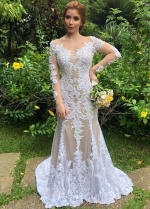 Vestidos De Novia Luxury Lace Wedding Dress Illusion Long Sleeve Buttons Back Wedding Gowns with Skirt robe de mariage