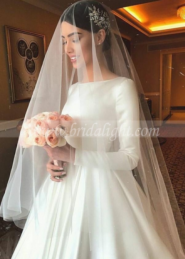 A-line Satin Modest Wedding Dresses with Long Sleeves