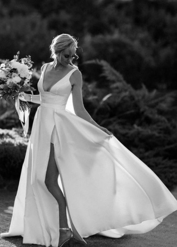 Wide V-neck Satin Bridal Gown with Long Leg Slit