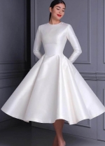 White Satin Long Sleeves Tea Length Wedding Dresses