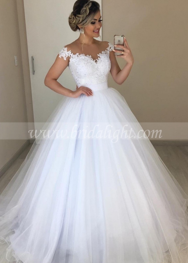White Lace Garden Wedding Dresses Capped Sleeves