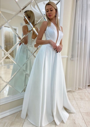 White Satin Floor Length Simple Bride Dress with Lace Up Back