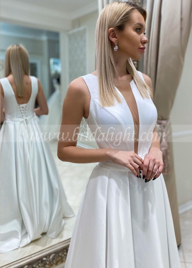White Satin Floor Length Simple Bride Dress with Lace Up Back