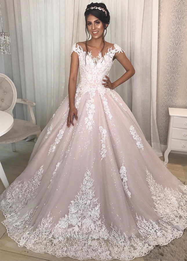 White and Pink Princess A-line Wedding Dress
