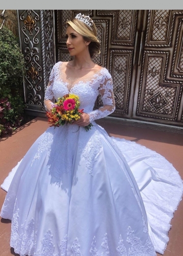 White Satin Lace Wedding Dresses Illusion Long Sleeves
