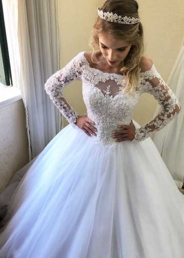 White Tulle Wedding Gowns with Bead Lace Off-the-shoulder