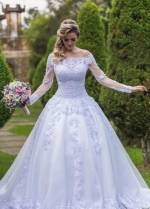 White Lace Tulle Wedding Gown Off-the-shoulder Long Sleeves