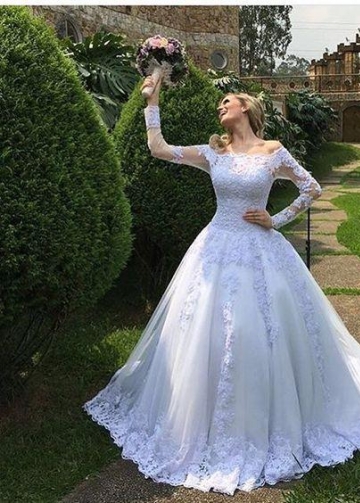 White Lace Tulle Wedding Gown Off-the-shoulder Long Sleeves