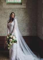 White Lace Sheath Wedding Dresses with V-neckline vestido de casamento